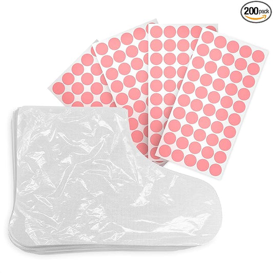 200 Pcs Plastic Foot Covers for Feet – 13 USA Leak-Proof, Durable, Ribbed Anti-Slip Design with 200 Stickers for Snug Closure – Plastic Socks for Moisturizing Feet, Great for Wax Foot Care & Hydration