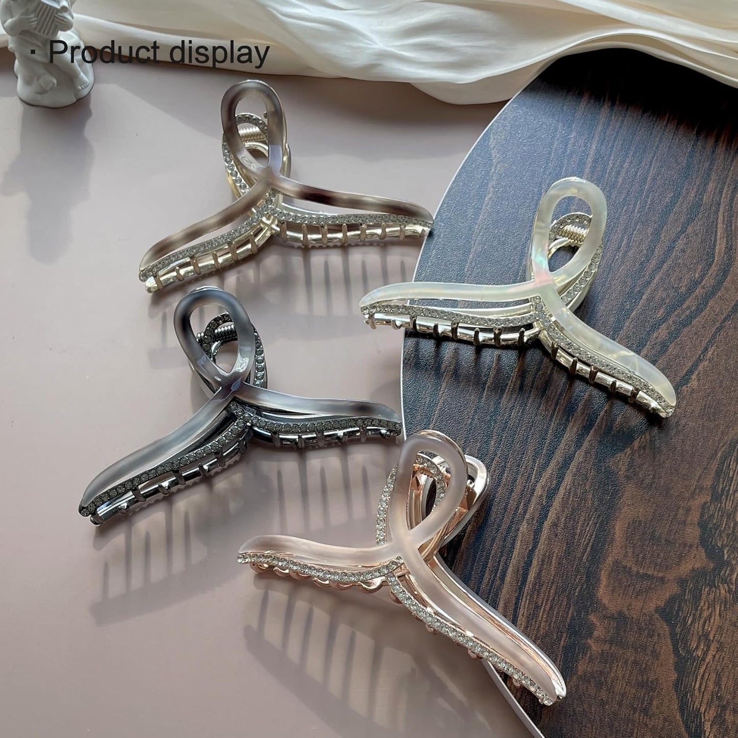 Large Metal Acetate Hair Claw Clips with Rhinestones, Gold Metal Hair Claw for Thick Hair, Strong Hold Non Slip Gold Hair Clips & Acetate Rhinestone for Women（Mermaid White）