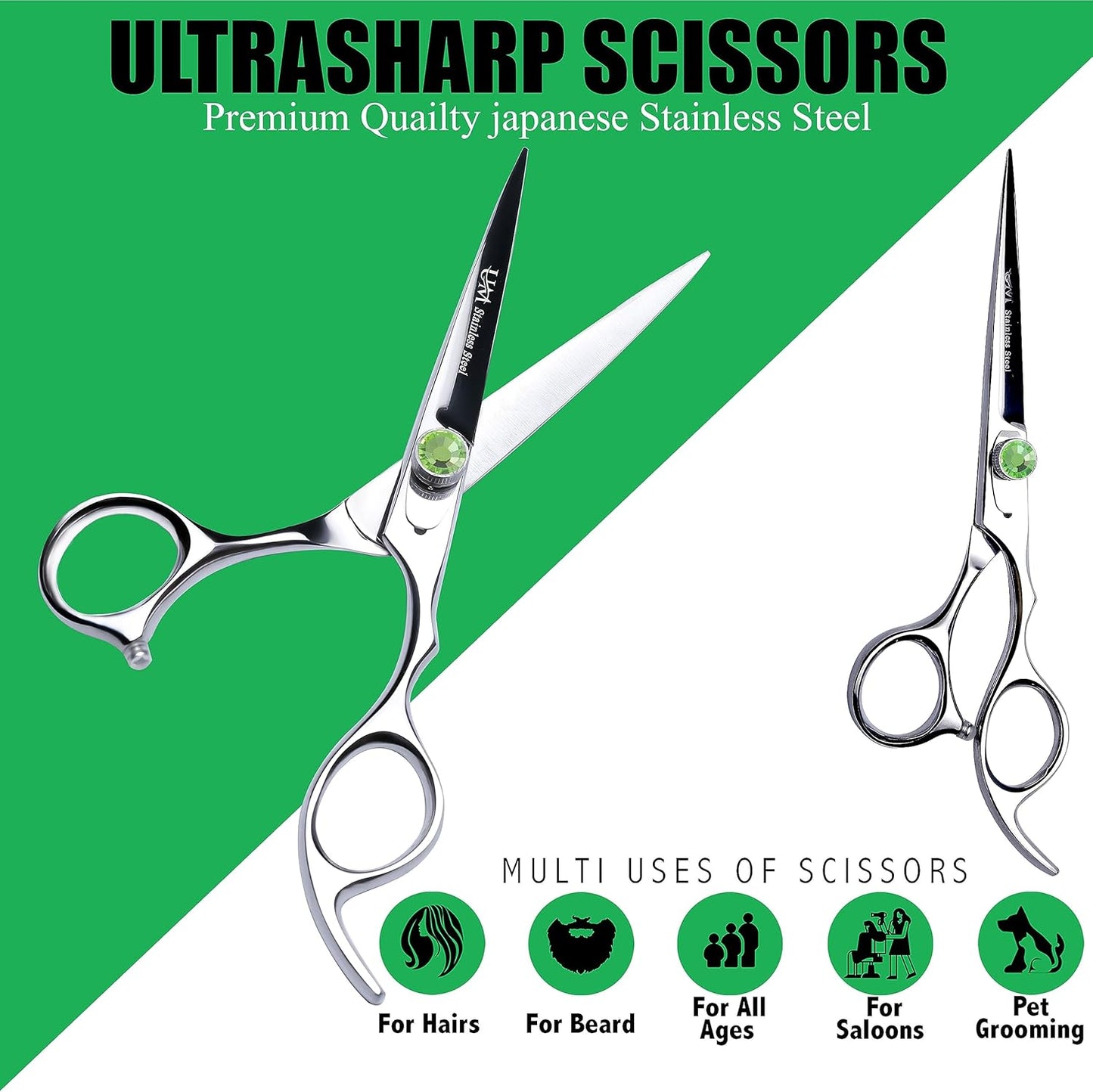 UM Supplies Scissors 6.5 | Premium Barber Shears For Hair Cutting | Multiple Purpose Cutting Scissors | Haircut Scissors For Salon I Women | Mens | kids I Pets | Silver-Green