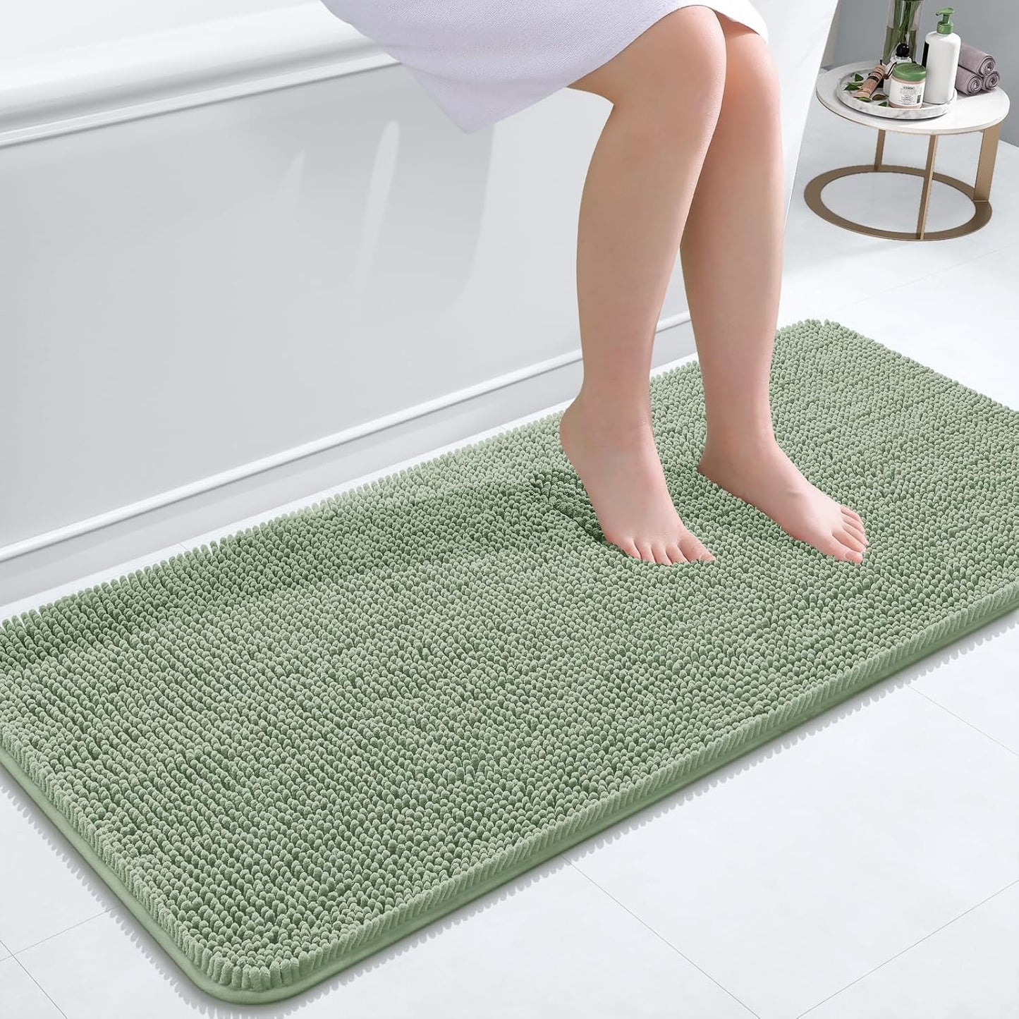 OLANLY Bathroom Rugs 47x20, Extra Soft Absorbent Chenille Bath Rugs, Rubber Backing Quick Dry, Machine Washable Bath Mats for Bathroom Floor, Tub and Shower, Home Decor Accessories, Sage Green