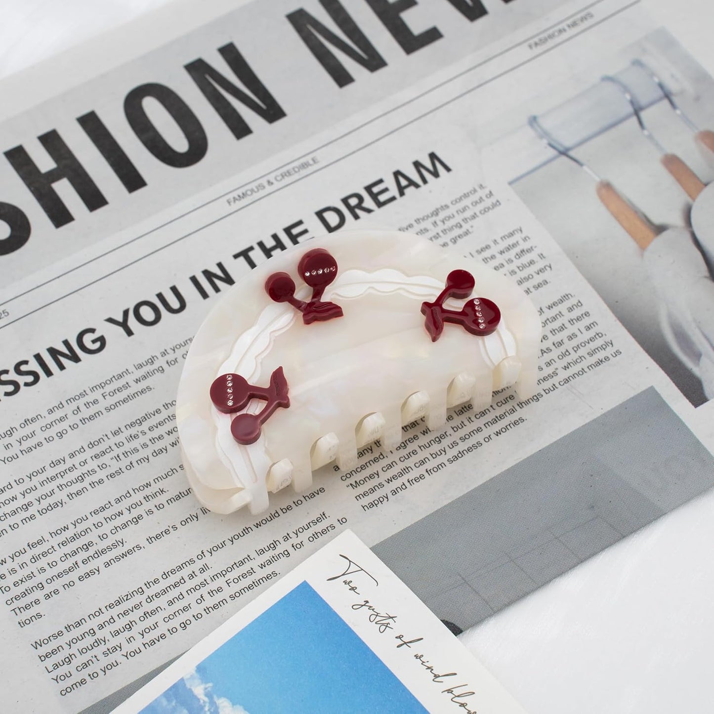 2 Pack Handmade Burgundy & Cream Acetate Claw Clips with Cherry Accents, Cute Cherry Hair Clips for Women, Sturdy Claw Clips for Thick Hair