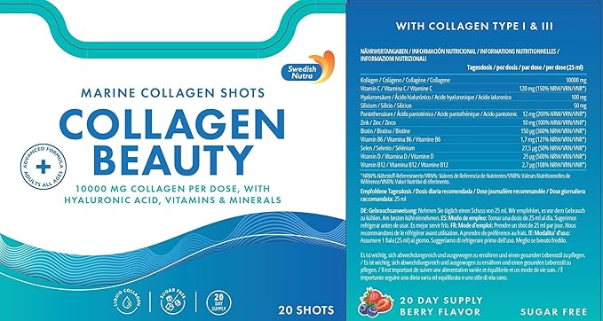 Swedish Nutra - Collagen Beauty | 10,000 mg Hydrolyzed Marine Collagen Liquid Supplement - 20 x 25 ml Daily Shots | Hyaluronic Acid and Vitamin C to Support Healthy Hair, Skin, Nails | Sugar-Free