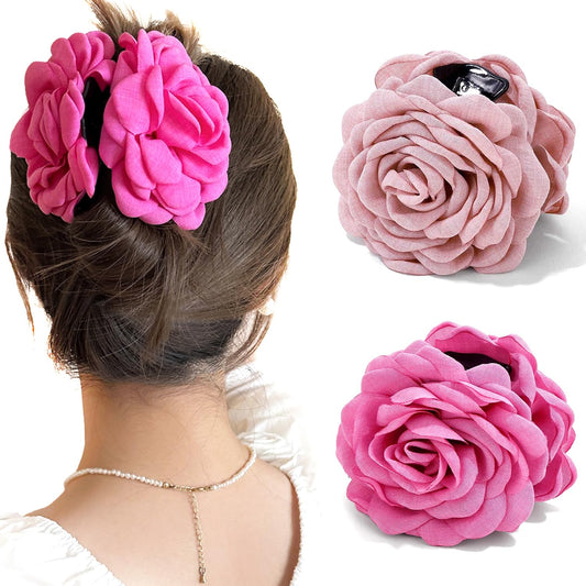 Rose Flower Clips for Women, 2 Pack Large Rose Hair Claw Clips, Floral Hair Clips for Women Girls Thick Hair, Non Slip Strong Hold, 2 Colors