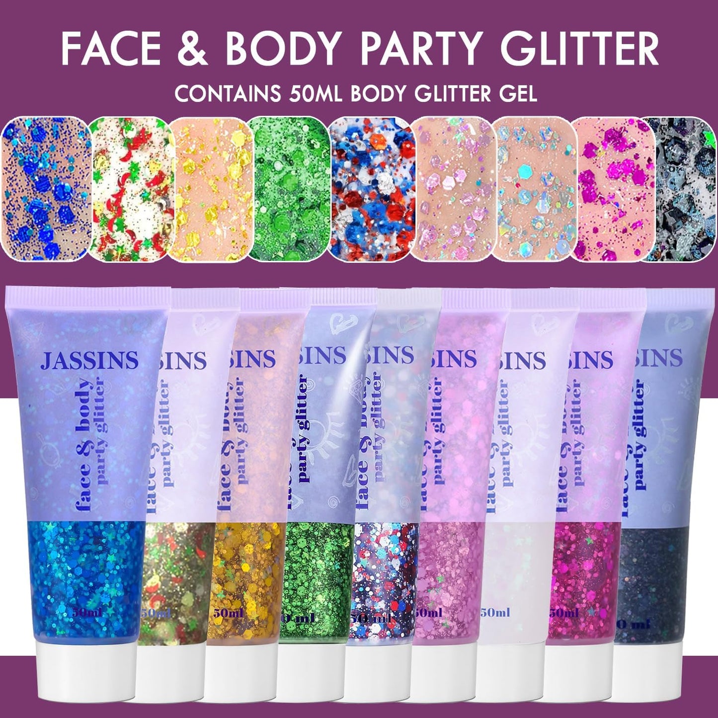 JASSINS 2PCS Body Glitter, 100ml Christmas Face Glitter for Women Girls Kids, Glitter Gel Makeup Tween Gifts, Singer Concerts Festival Rave Accessories, Chunky Mermaid Sequins Glitter