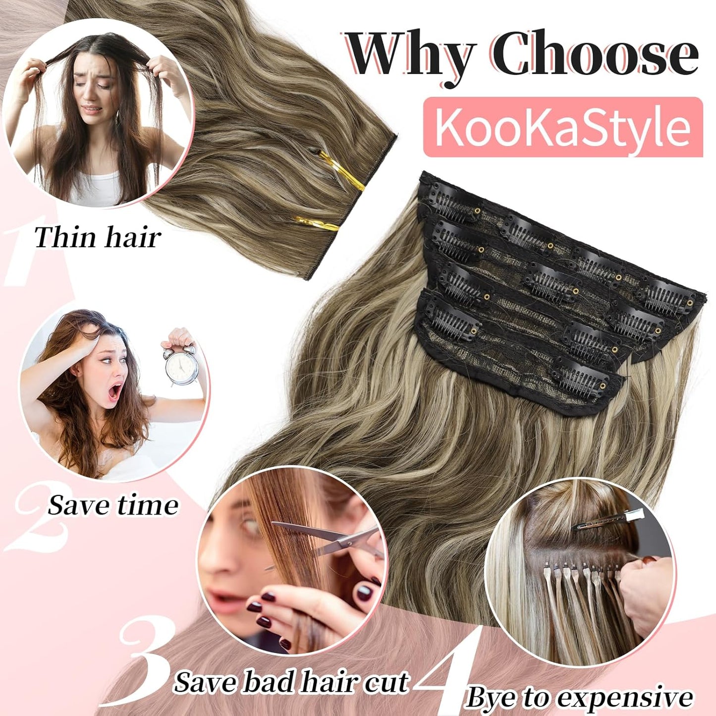 KooKaStyle Clip in Synthetic Highlight Hair Extensions Long Wavy 4PCS Thick Hairpieces Medium Brown Ash Blonde Fiber Double Weft Natural Hair Extensions 20 Inch for Women
