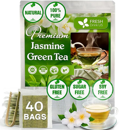 FreshDrinkUS, Premium 40 Jasmine Green Tea Bags, 100% Natural & Pure from Jasmine Green Tea. Jasmine Green Herbal Tea. Made with Natural Material Tea Bags. No Sugar, No Gluten, Vegan.