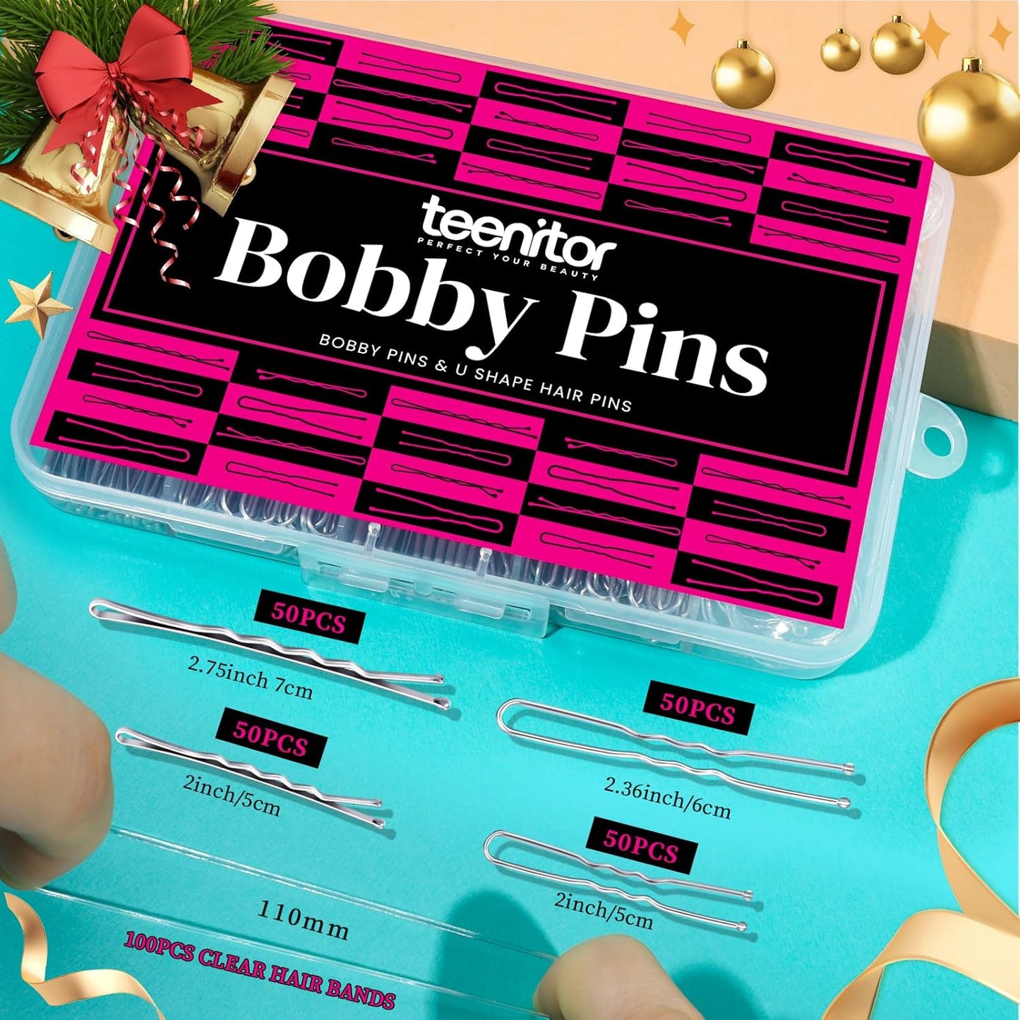 Teenitor 300pcs Silver Bobby Pins Hair Pins Kit, 100pcs Bobby Pins 100 Hair Pins for Women for Buns, 100pcs Hair Bands, 2" 2.36", Silver Bobb y Pins for Gray Hair 2" 2.75"