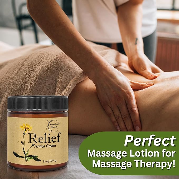 Relief Arnica Cream – Enriched with Lemongrass, Eucalyptus & Rosemary Essential Oils – All Natural Massage Lotion for Sore Muscles & Stiffness. Perfect for Massage Therapy by Brookethorne Naturals