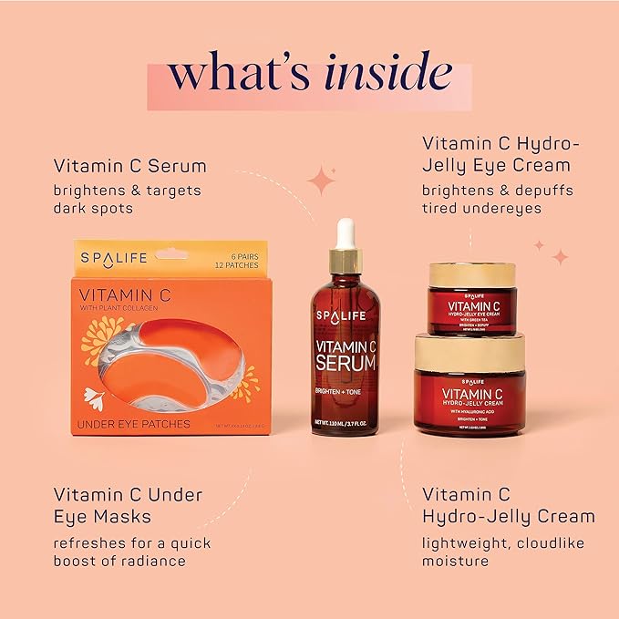 SpaLife Complete Vitamin C Skin Care Variety Bundle - Nourishing Under Eye Patches, Revitalizing Face & Eye Cream, and Potent Facial Serum for Youthful Radiance - Skincare Gift Set for Dry Skin