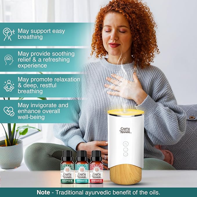 GuruNanda Breathe Essential Oil Set (Pack of 3 x 0.34 Fl Oz) - 100% Pure, Natural & Undiluted Diffuser Oils for Aromatherapy - Helps Support Clear Breathing - Suitable for Massages & DIY Recipes