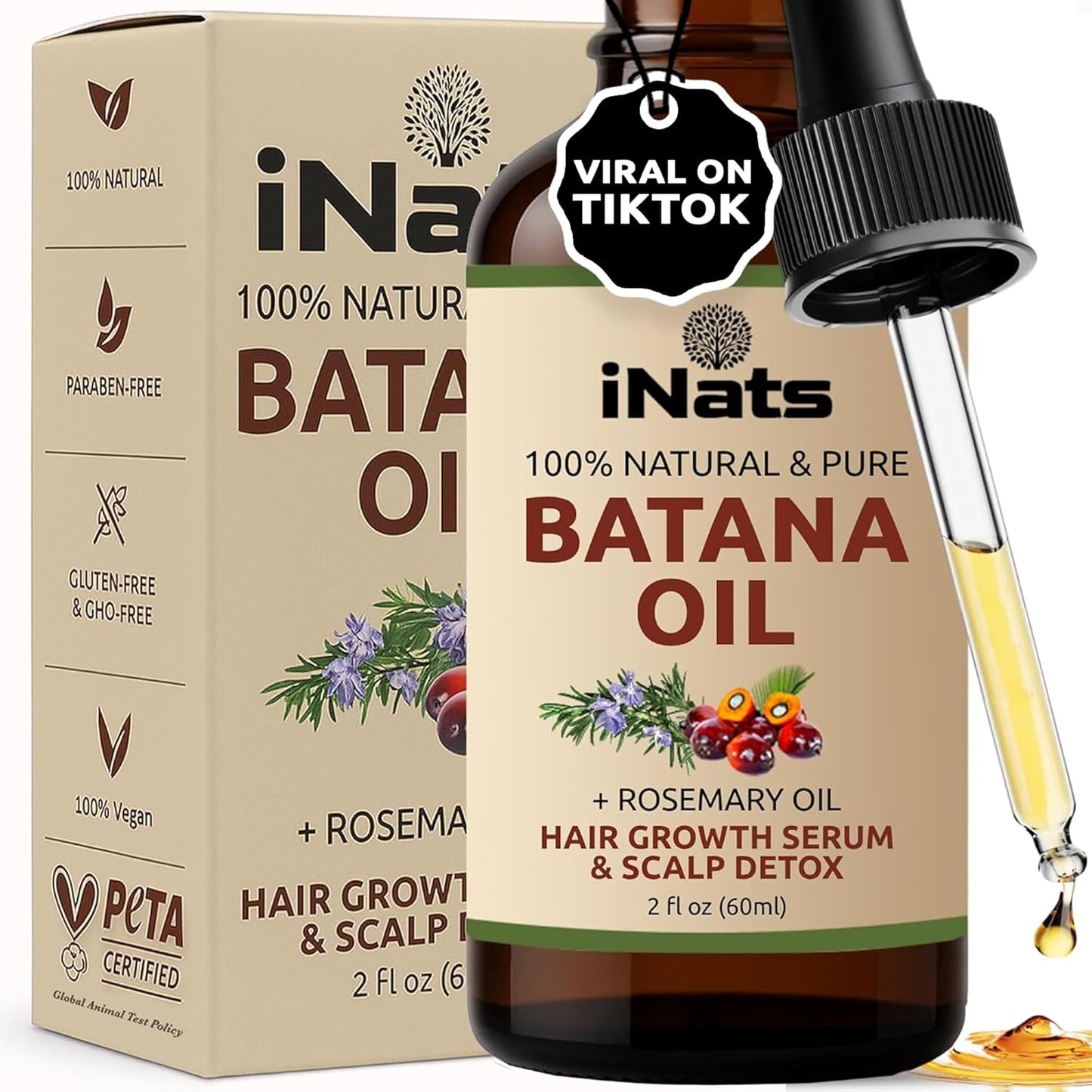 Batana Oil for Hair Growth with Rosemary: Nourish & Detox Scalp for Thicker, Stronger, Longer Hair - Dr. Sebi Recommended, 100% Organic Batana Oil from Honduras - Reduce Hair Loss (2 Fl Oz)