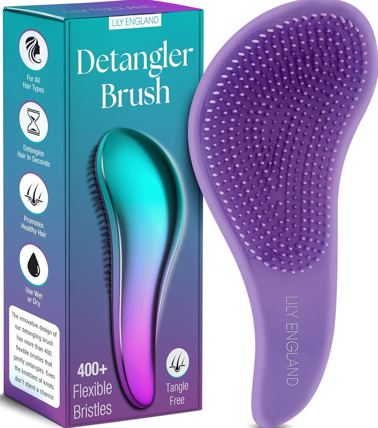Lily England Detangler Hair Brush for Curly, Thick, Straight & Natural Hair - Gentle Detangling Brush for Women, Kids & Toddlers with Flexible Bristles - Smooth Hairbrush for Wet & Dry Hair, Ombre