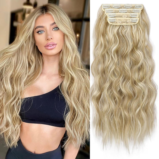 KooKaStyle Beach Blonde Hair Extensions Clip in Synthetic Highlight Hair Extensions Long Wavy 4PCS Thick Hairpieces 24 Inch Beach Blonde for Women