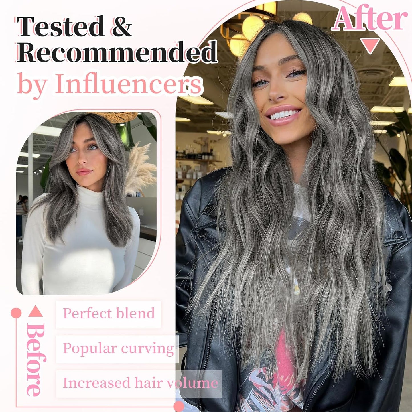 KooKaStyle Clip in Synthetic Hair Extensions Long Wavy 4PCS Thick Hairpieces Grey Sliver Mixed Fiber Double Weft Natural Hair Extensions 20 Inch for Women