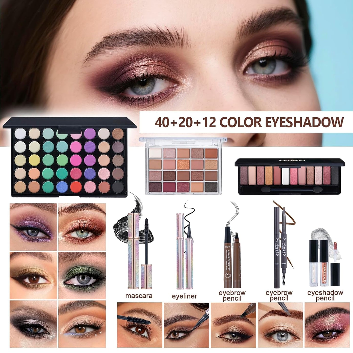 Makeup Set for Women Full Kit Includes, eyeshadow、 liquidfoundation,Loose powder,Eyebrow pencil,Lipstick Eye Pencil Makeup BrushesMakeup practice board 4-color lip gloss set