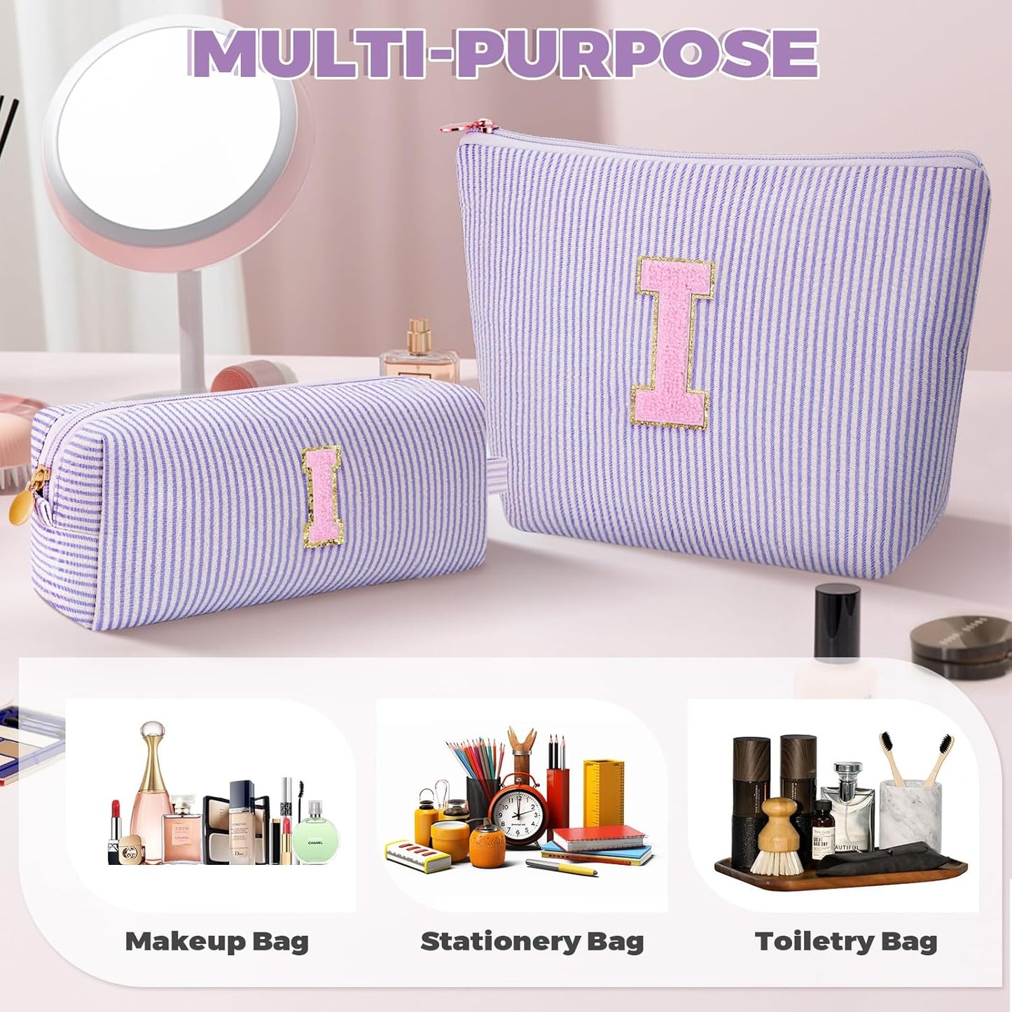 Personalized Makeup Bag for Women Girls - Fashion Cosmetic Bag Trendy Travel Toiletry Bag with Initials Letter - Teen Gifts - Lavender,I
