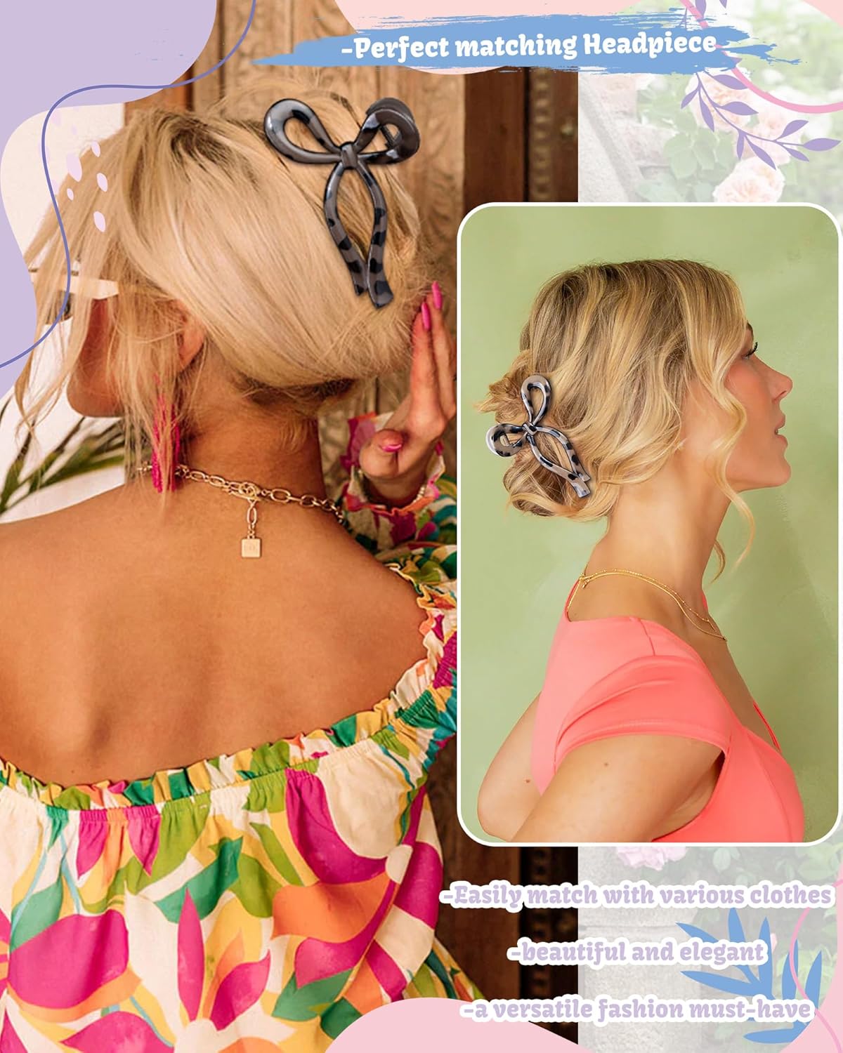 4 PCS Bow Hair Clips Bow Claw Clip for Women Nonslip Large Hair Claw Clips for Thin and Thick Hair Strong Hold Hair Bows (Yellow+Brown+Black Leopard Print+Brown Leopard Print)