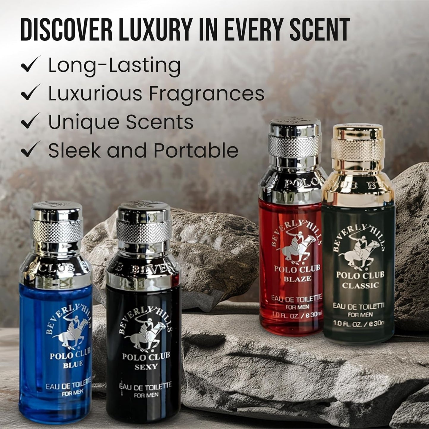 Beverly Hills Polo Club Men's Fragrance Collection - 4 Premium Eau de Toilette Colognes (1oz Each) - Diverse, Long-Lasting Scents: Blaze, Blue, Classic, Sexy - Ideal Gift Set for Him