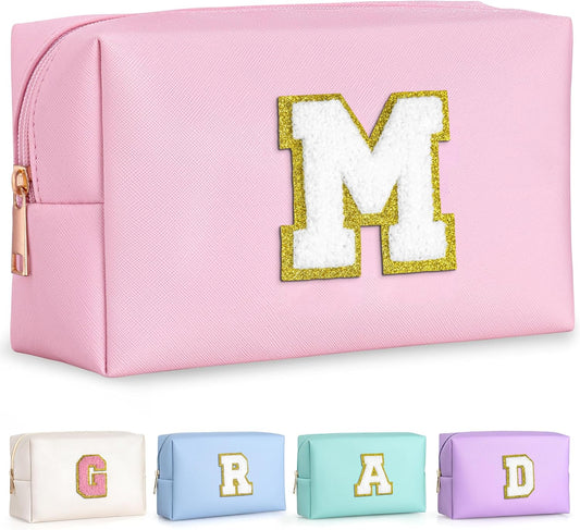 TOPEAST Initial Makeup Bag, Personalized Travel Small Cosmetic Bag Cute PU Pink Chenille Letter Makeup Pouch, Purse Waterproof Zippered Toiletry Organizer for Women Girls Kids Friends (Pink M)