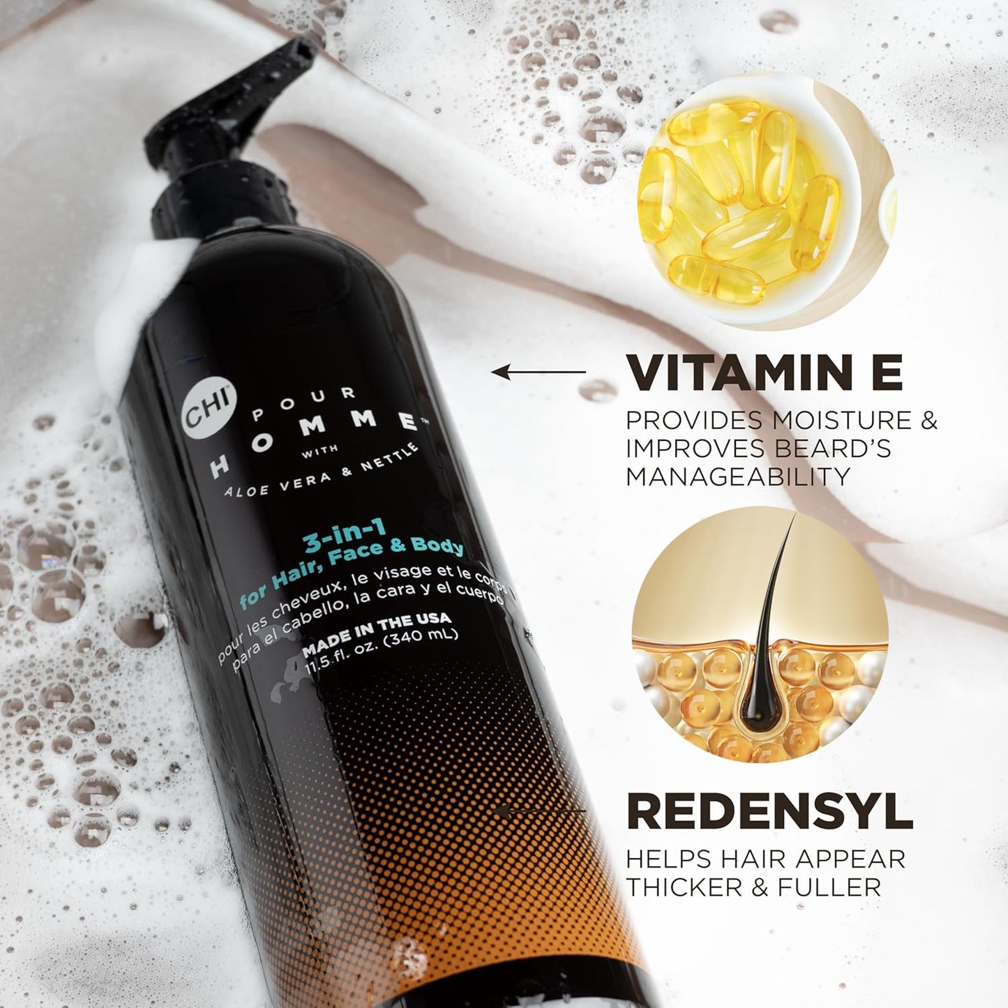 CHI Pour Homme 3-in-1 Cleansing & Moisturizing Hair, Face & Body Wash for Men, Made With Aloe Vera & Nettle, Fresh, Woody Scent, Sulfate-Free, 11.5 oz