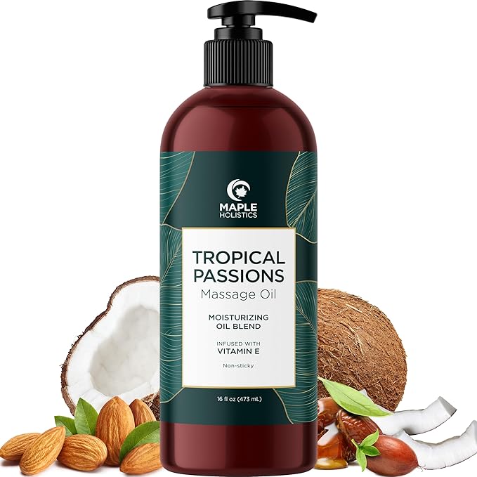 Tropical Massage Oil for Couples Relaxation - Full Body Massage Oil for Date Night with Smooth Gliding Coconut and Sweet Almond Oil with Mango Scent - Non GMO Gluten Free & Vegan (16 Fl Oz)