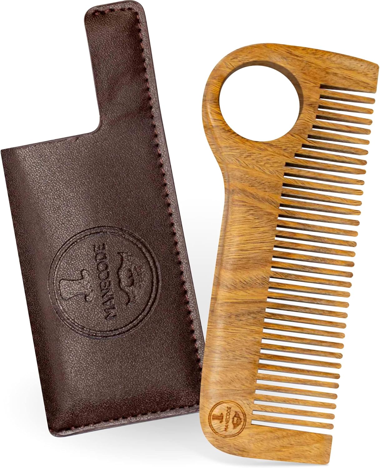 Wooden Hair Comb for Men - Premium Quality Anti-Static Sandalwood and Eco-Leather Pocket - Small Giftable Craft Box