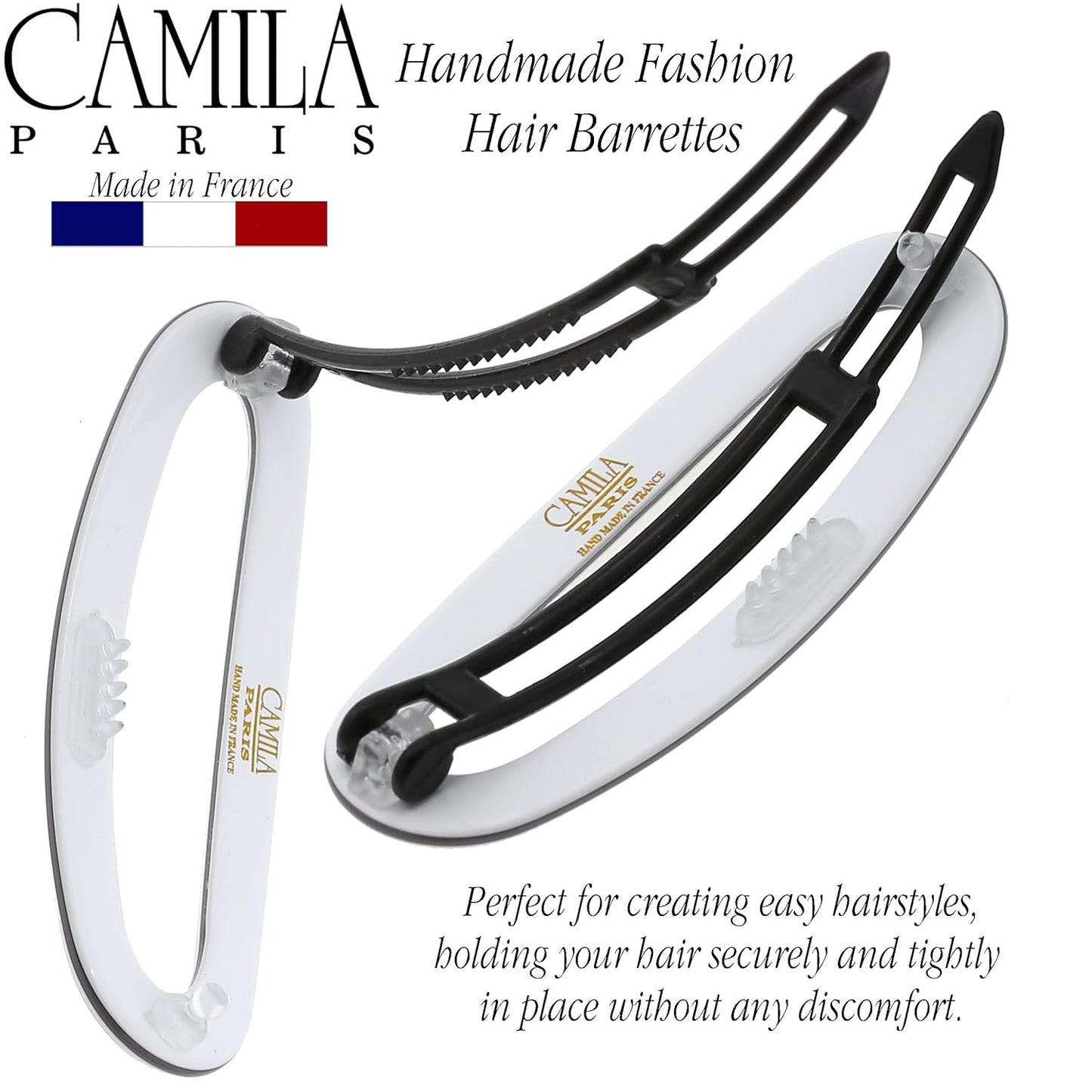 Camila Paris CP3366 French Hair Barrette Clip for Women, Handmade Gray White, Slide-in Metal-Free Closure, Strong Hold Grip Hair Clips for Girls, No Slip Durable Hair Accessories, Made in France