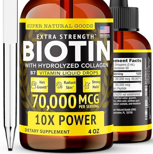 Super Natural Goods Liquid Biotin & Collagen 70,000mcg Hair Growth Vitamin Drops - Radiant Skin, Strong Nail Support - High Potency Hair Loss Supplement for Damaged Strands, for Men & Women (4oz)