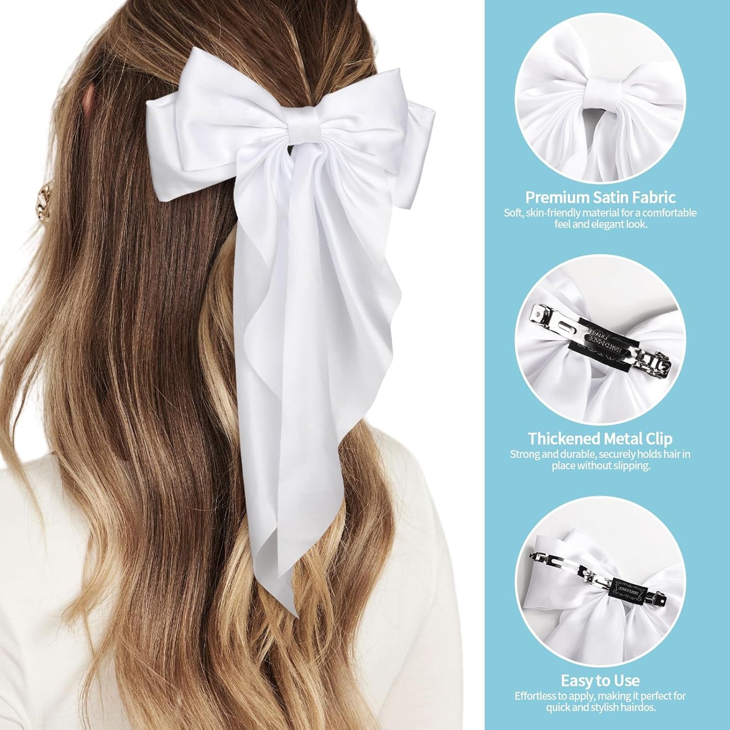 Silky Satin Hair Bows for Women Girls - 4PCS Ribbon Bows for Hair, Big Bow Hair Clips with Long Tail, Barrettes - Cute Hair Accessories Gifts (Navy, Royal Blue, Blue, White)