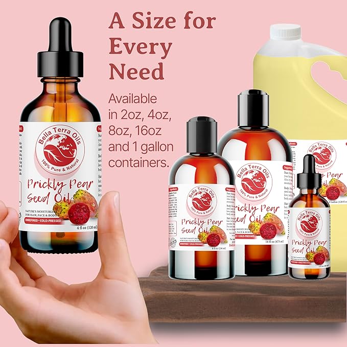 Bella Terra Oils - Prickly Pear Seed Oil 8 oz - The Symmetry of Cactus Extract & Barbary Fig, Overflowing with Vitamin B & Zinc, A Precious Skin Delight