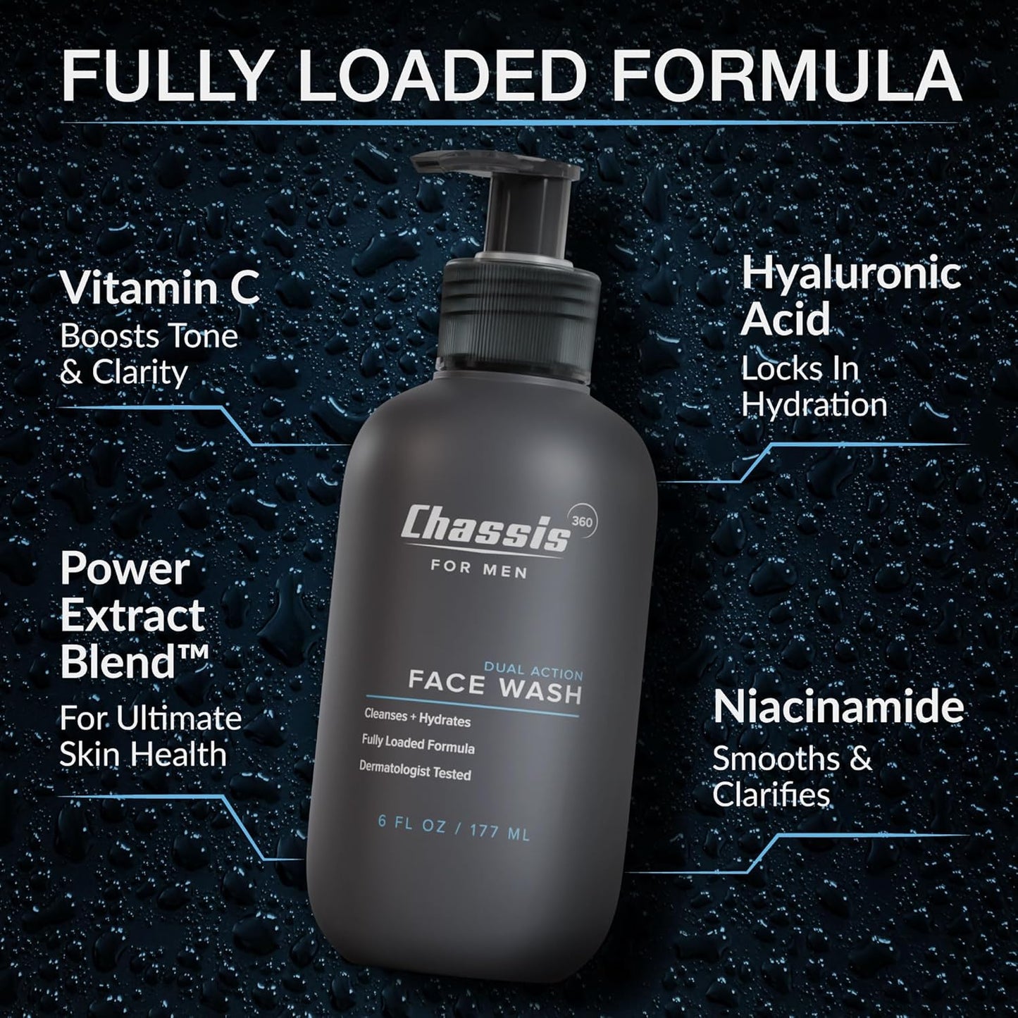 Chassis 360 Dual Action Face Wash - Hydrating & Oil Control Men's Face Wash with Niacinamide, Vitamin C & Hyaluronic Acid - Free From Phthalates, Parabens & Sulfates - Unscented Cleanser - 6 Fl Oz
