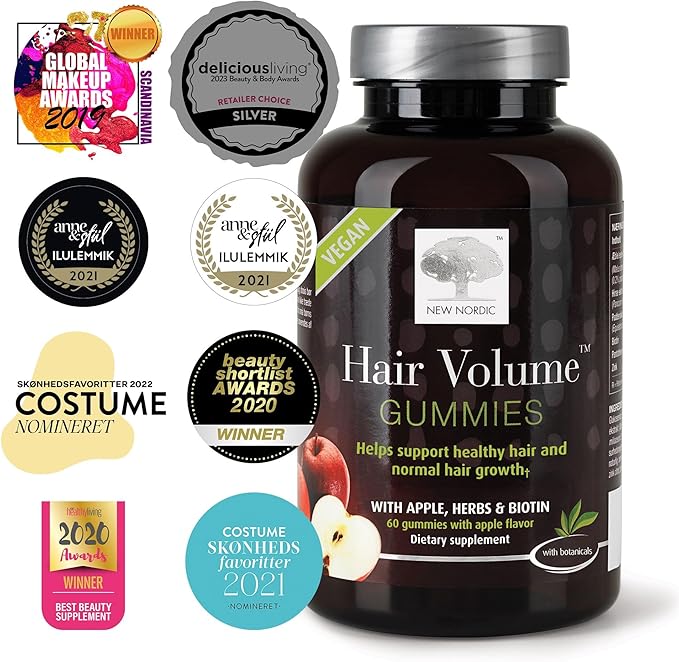 NEW NORDIC Hair Volume Gummies, 2500 mcg Biotin, Daily Hair Vitamins Supplement to Support Hair Skin & Nails, Vegan, 60 Count (Pack of 1)