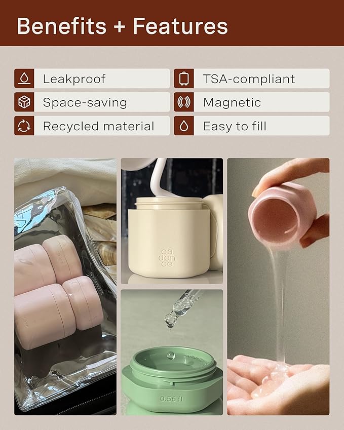 Cadence Travel Containers - Core Skincare Set - Magnetic Travel Capsules - 2 Small (0.56oz) & 3 Medium Capsules (1.32oz) with Cleanser, Moisturizer, Serum, Makeup Remover & Sun-Icon Label - Charcoal