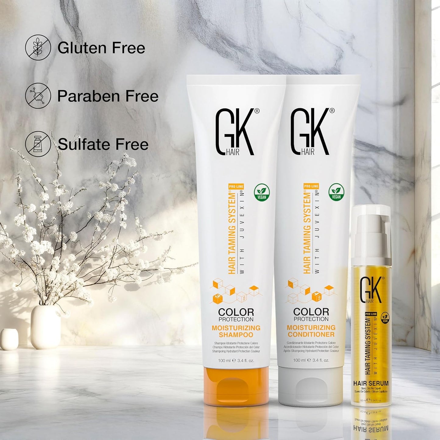 GK HAIR shampoo & Conditioner set Travel size with Hair serum -Color Safe Shampoo & Conditioner Made with Aloe vera, Parki Butter - Free of Parabens & Phthalates Sulfate, (3.74 Fl Oz)