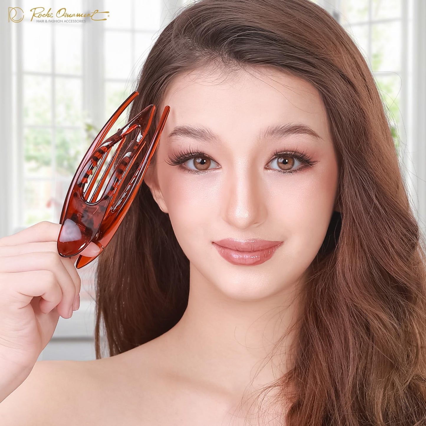 RC ROCHE 6 Pcs Flat Hair Clips Big Claw for Thick Hair French Duckbill Women No Slip Side Slide Curved Alligator Concord Strong Grip Hold Volume Lay Down Clamp, Medium Brown