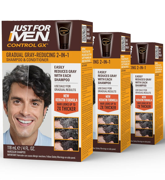 Just for Men Control GX Grey Reducing 2-in-1 Shampoo and Conditioner, Gradual Hair Color with Keratin for Stronger Thicker and Healthier Looking Hair, 4 Fl Oz - Pack of 3 (Packaging May Vary)