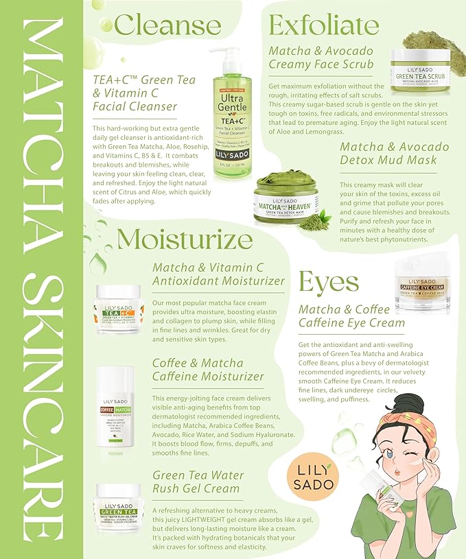 LILY SADO TEA+C™ Coffee & Matcha Face Moisturizer - Natural Vegan Caffeine Facial Cream w Green Tea & Arabica Coffee Beans - Best Antioxidant, Anti-Wrinkle Moisturizing Lotion - Softens & Firms