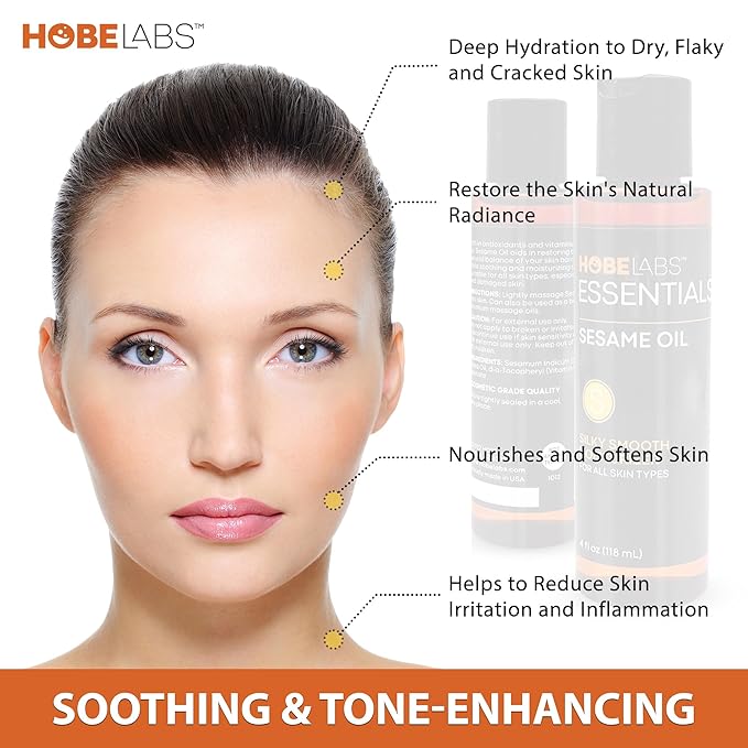 Hobe Labs Sesame Oil - 4 oz - Natural Moisturizer for All Skin Types, Antioxidant & Vitamin Rich Formula, Premium Massage Oil with Light Texture to Rejuvenate and Revitalize