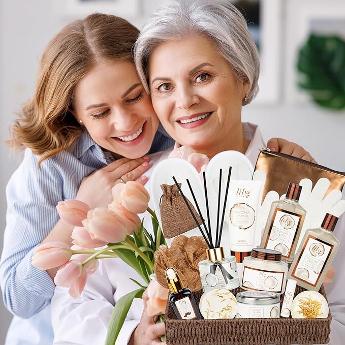 Mothers Day Gifts for Mom Coconut Vanilla Spa Gift Basket for Women 17-Piece Luxury Bath and Body Basket Set with Shower Gel Diffuser Relaxing Self Care Pampering Gifts for Her Birthday Bridal Shower