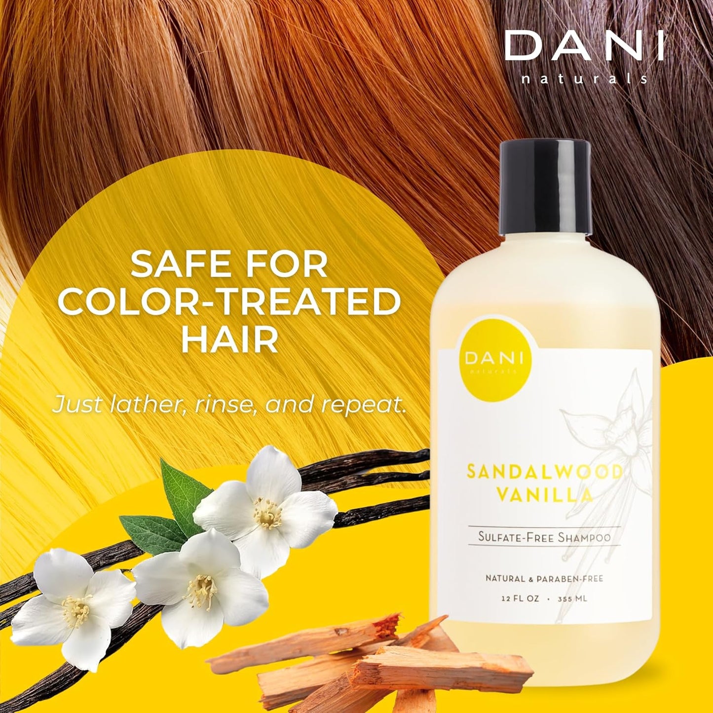 DANI Naturals Shampoo with Sandalwood Vanilla Scent promotes hair thickening, strengthens follicles, and supports hair re-growth. Sulfate-free, nourishing, and soothing