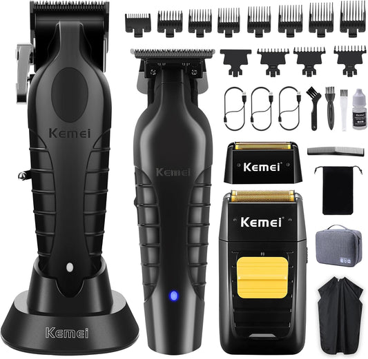 KEMEI Professional Hair Clipper and Trimmers Set, Cordless Barber Clippers, Beard Trimmer, Electric Foil Shaver with Replacement Heads, KM-2299, KM-2296, KM-1102
