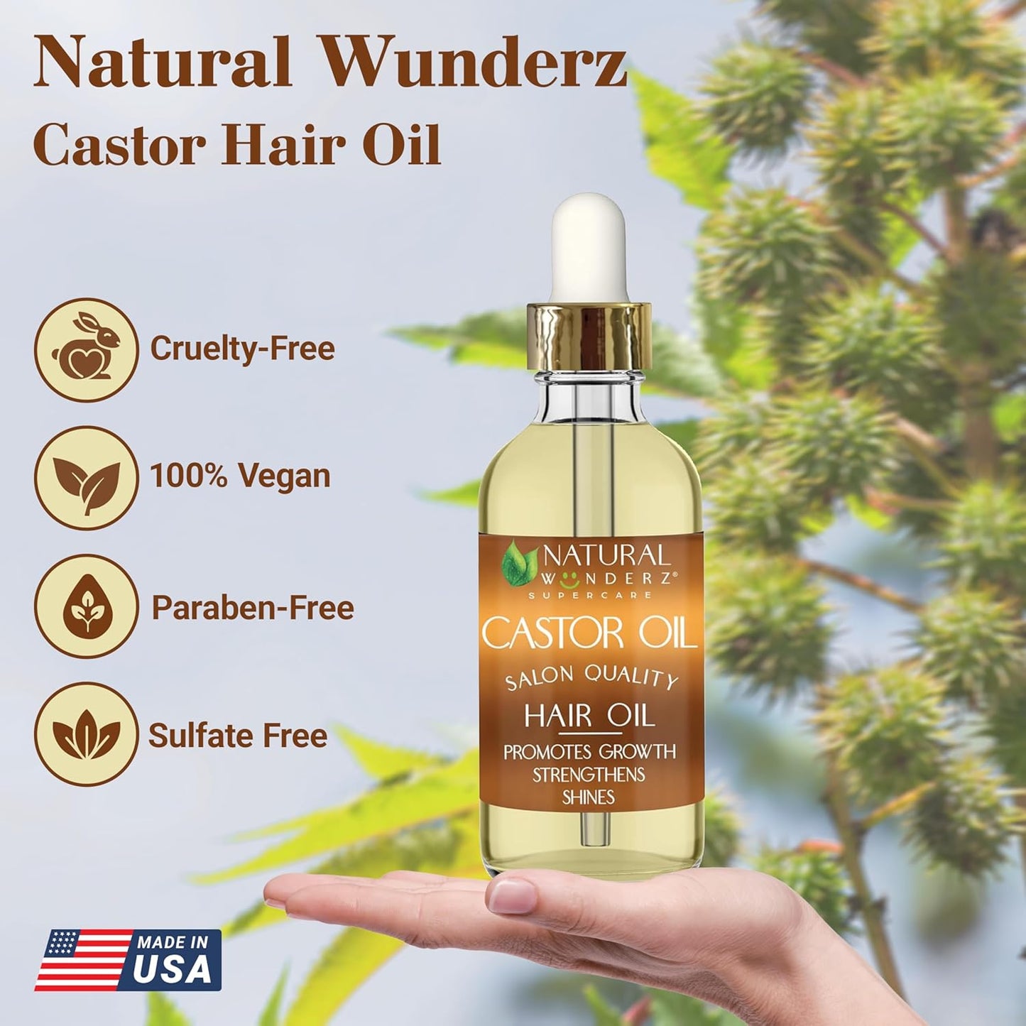 Natural Wunderz Castor Hair Oil, Supports Hair Growth, Thickening Serum and Moisturizing Scalp Treatment for Dry and Damaged Hair, Sulfate Free and Vegan Friendly, 4 Fl Oz