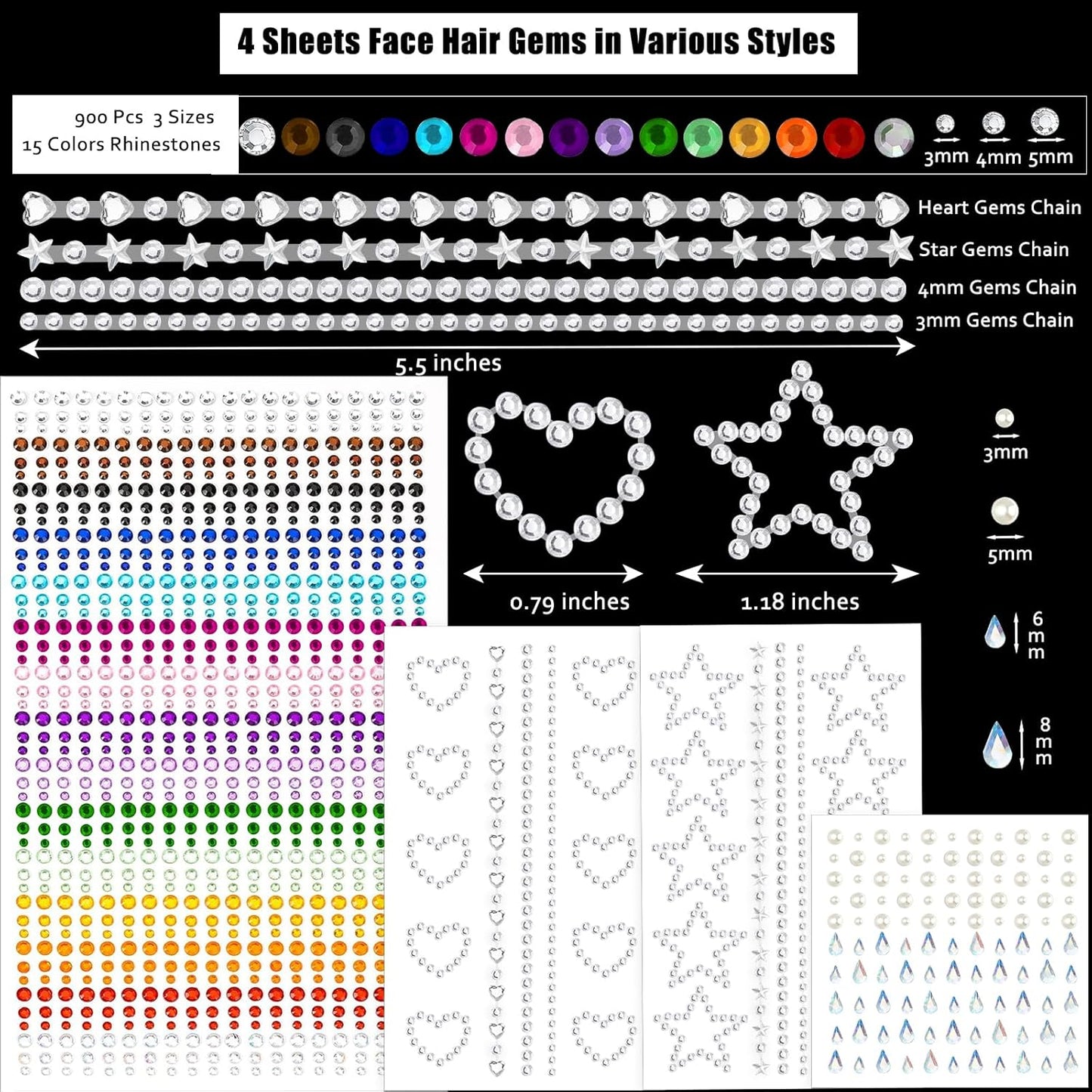 1038 Pcs of Hair Face Gems Rhinestones Pearls Stick on 15 Colors Hearts Star Gems Stickers Self Adhesive Face Hair Jewels, Stick on Rhinestones Pearls Stickers for Hair, Face, Festival Makeup, Crafts