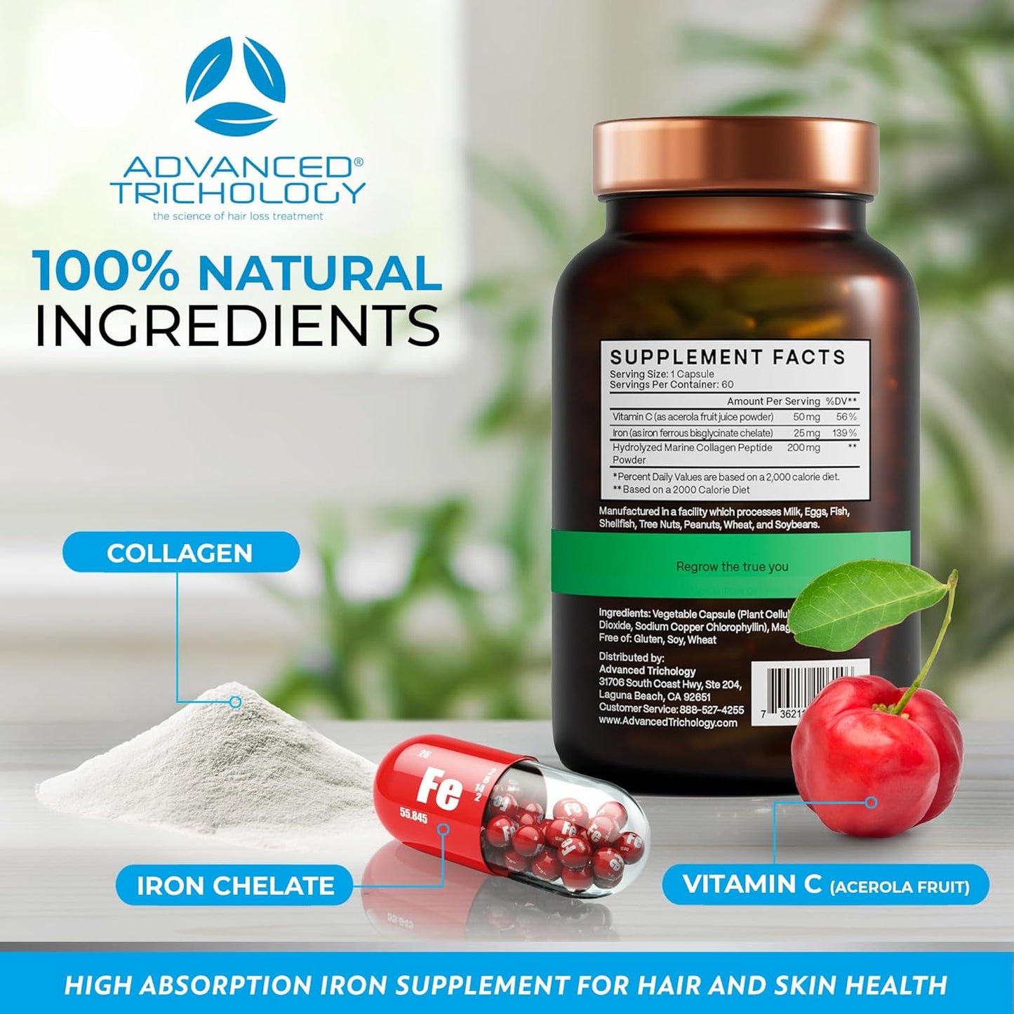 Derma-Iron Supplement for Women and Men - Iron blood builder pills for hair and skin with Collagen and natural Vitamin C, low iron and ferritin, thinning hair, hair loss support