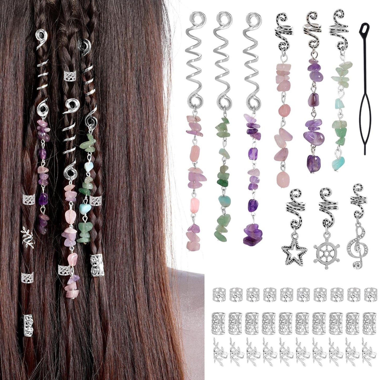 40Pcs Natural Colored Crystal Stone Hair Accessories, hoyuwak Metal Hair Charms, Silver Loc Dreadlock Spirals, Cuffs & Rings for Women's Hairstyles