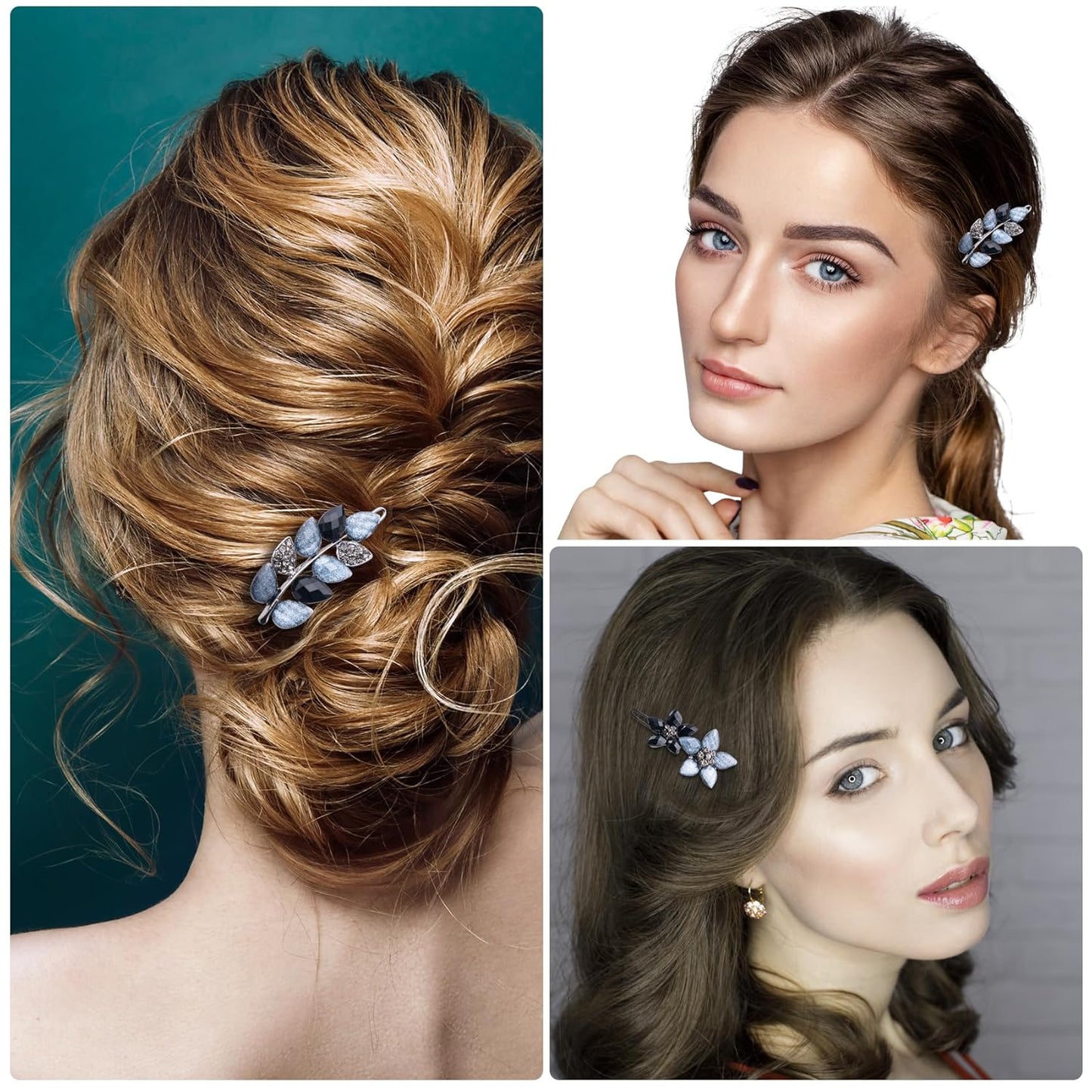 Joez Wonderful 2 Pcs Vintage Rhinestone Hair Clips, Fancy Ink-Blue & Black Hair Barrettes, Decorative Flower Hair Clips, Formal Hair Accessories for Wedding, Women, Bride (1.8 Inch)