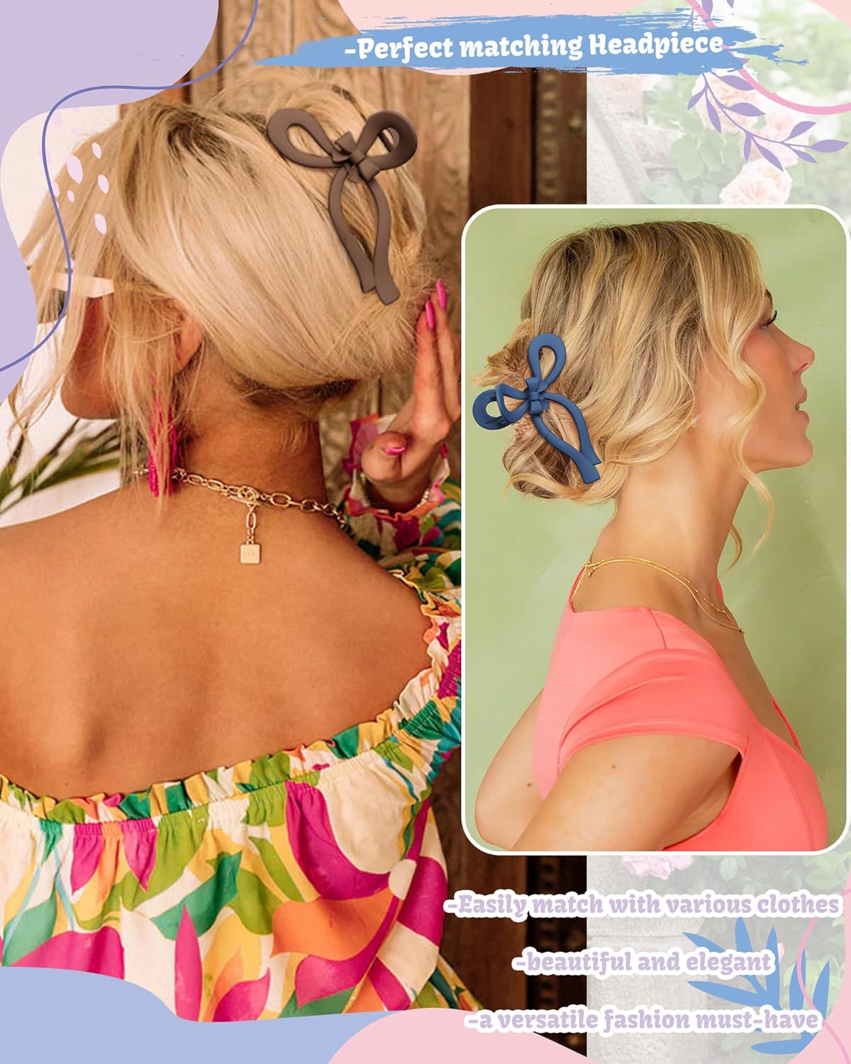 4 PCS Bow Hair Clips Bow Claw Clip for Women Nonslip Large Hair Claw Clips for Thin and Thick Hair Strong Hold Hair Bows (Gray+Light Brown+Dark Brown+Dark Blue)