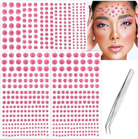 591pcs Face Gems Hair Gems Pearls, Self-Adhesive Face Jewels Eye Rhinestones 3/4/5/6/8 mm Face Gem Stick on, Halloween Makeup Gems Rave Accessories for Face Eyes Body Makeup (11.Light Pink)