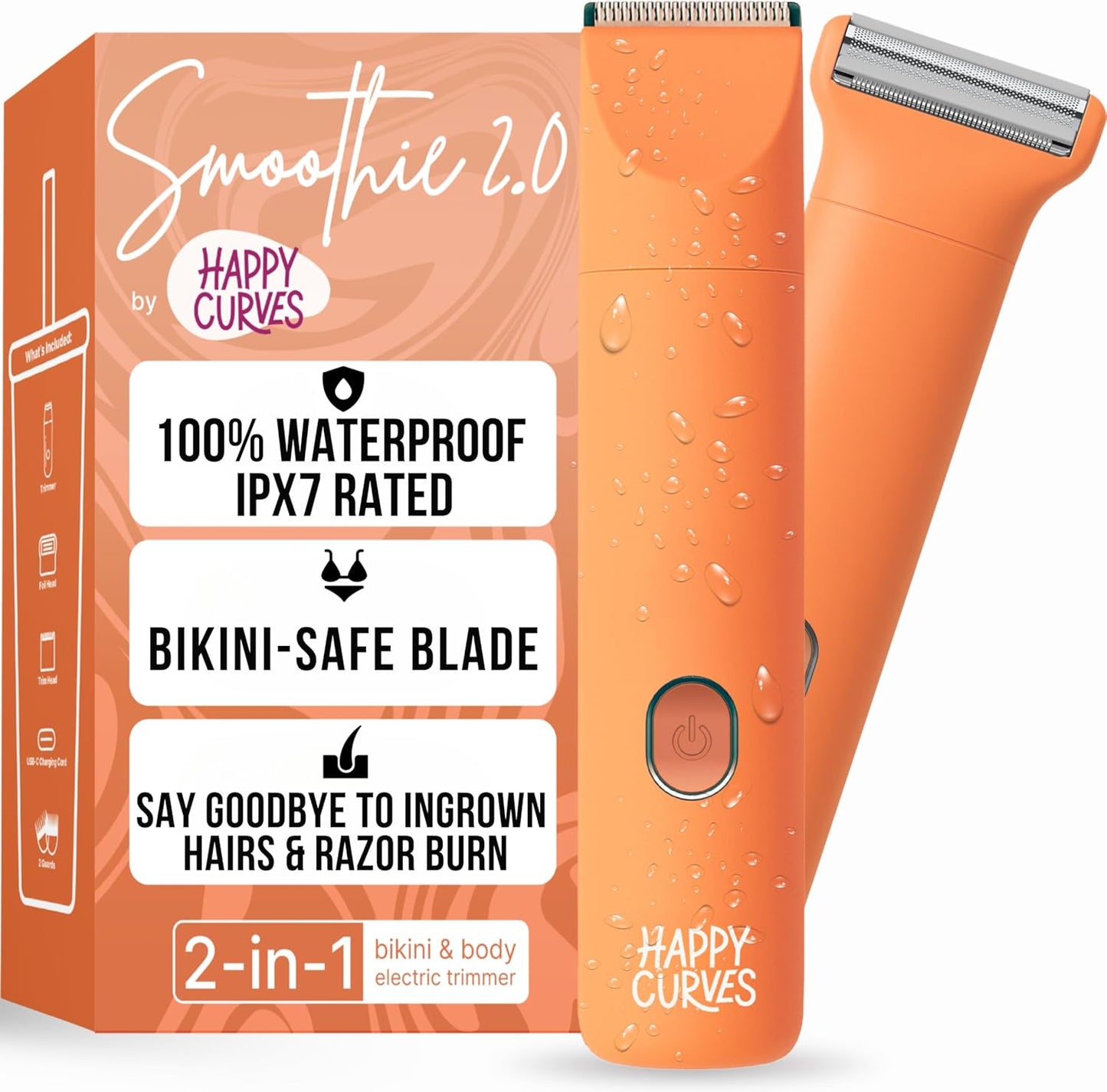 HAPPY CURVES Smoothie 2.0 Bikini Trimmer - Electric Razor for Women, Waterproof Hair Groomer with Adjustable Guards, Personal Shaver for Pubic Hair, Ladies Intimate Shaver and Body Trimmer (Mango)