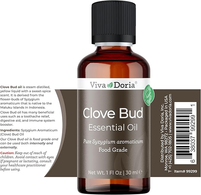 Viva Doria 100% Pure Clove Bud Essential Oil, Undiluted, Food Grade, 30 mL (1 Fluid Ounce)